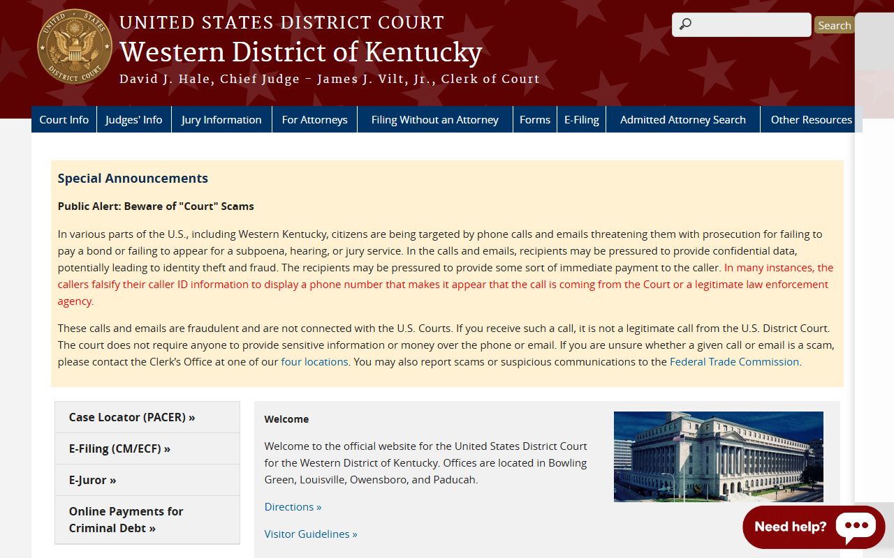 Carlisle County court dockets Western District of Kentucky home page