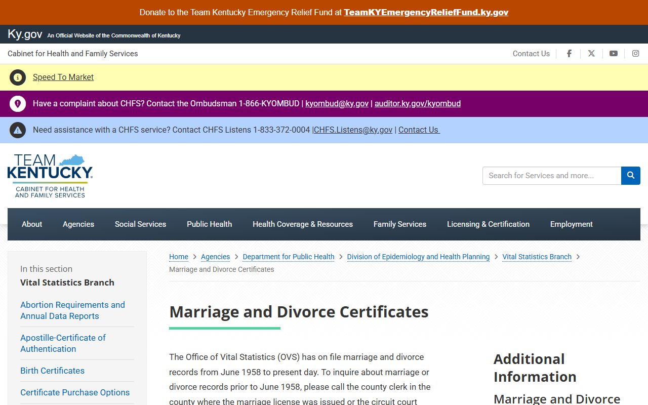 Carlisle County marriage and divorce records certificate request page